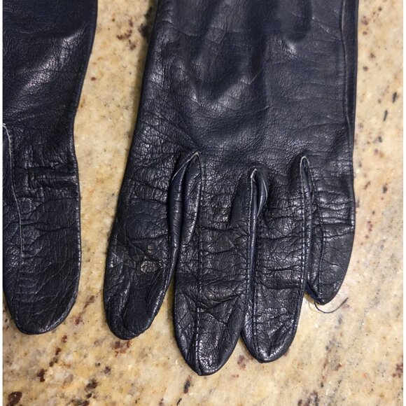 Vintage Womens Size S Blue Leather Formal 7" Short Gloves Pearly Button - Picture 3 of 14